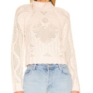 Free People Romantic Cream Turtleneck Sweater with heart Wool Blend Reina Cable